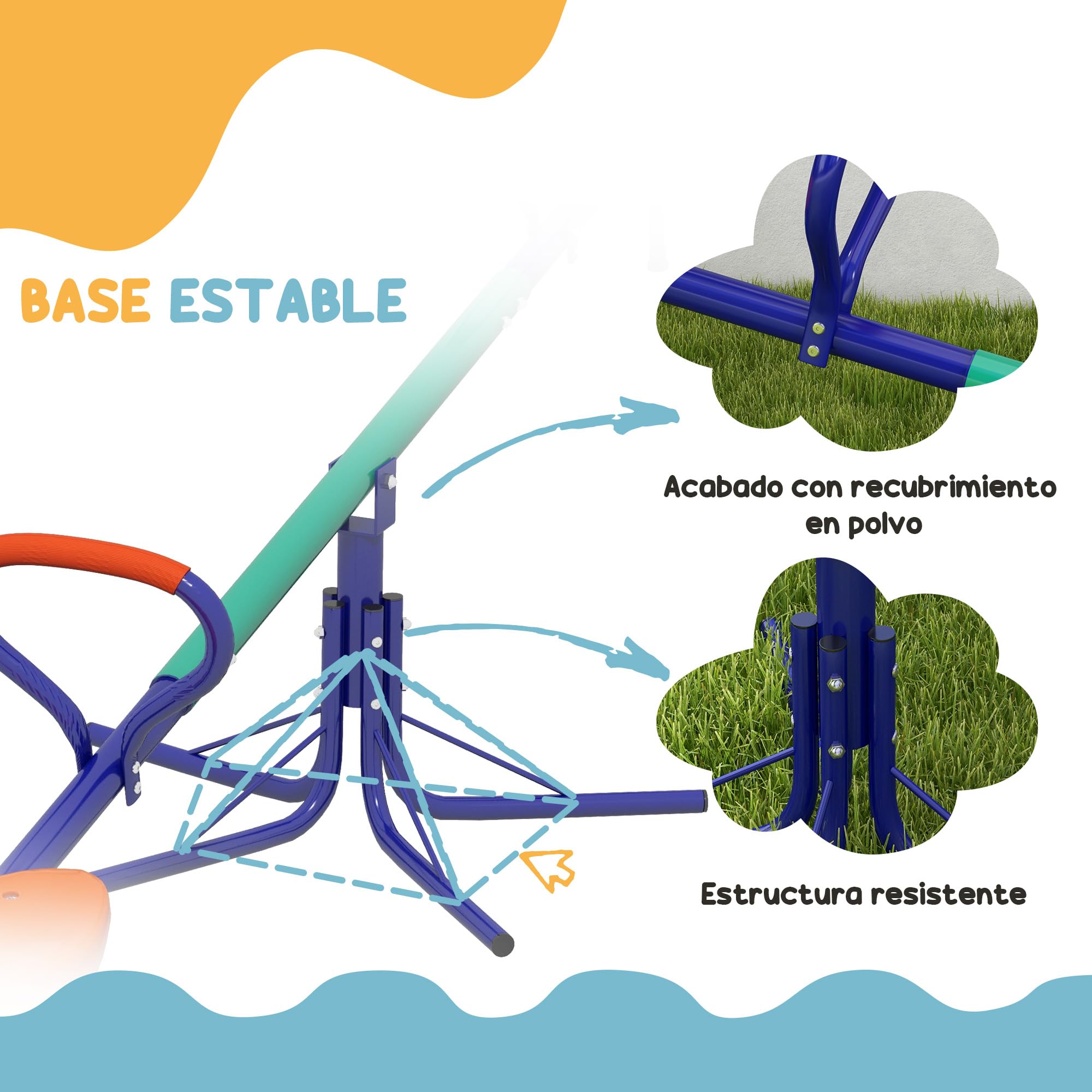 Outsunny Balancín para Niños Carga 90 kg Sube y Baja Infantil Giratorio 360° Barra con Longitud Ajustable con Poste Amortiguador Asiento Cómodo Asa Suave y Base de Acero para Patio Jardín Multicolor