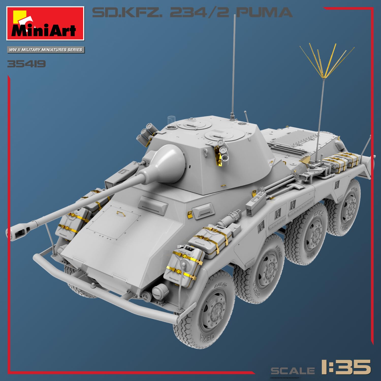 MiniArt 35419 1:35 Sd.Kfz.234/2 Puma – Reproducción fiel a modelo, kit de construcción de plástico, manualidades, afición, pegar, maqueta, montaje, sin barnizar