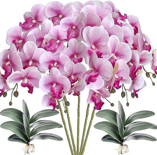 HinyoCo 5 piezas de orquídeas artificiales y 4 paquetes de hojas, flores artificiales de Phalaenopsis de 32 pulgadas para decoración del hogar y
