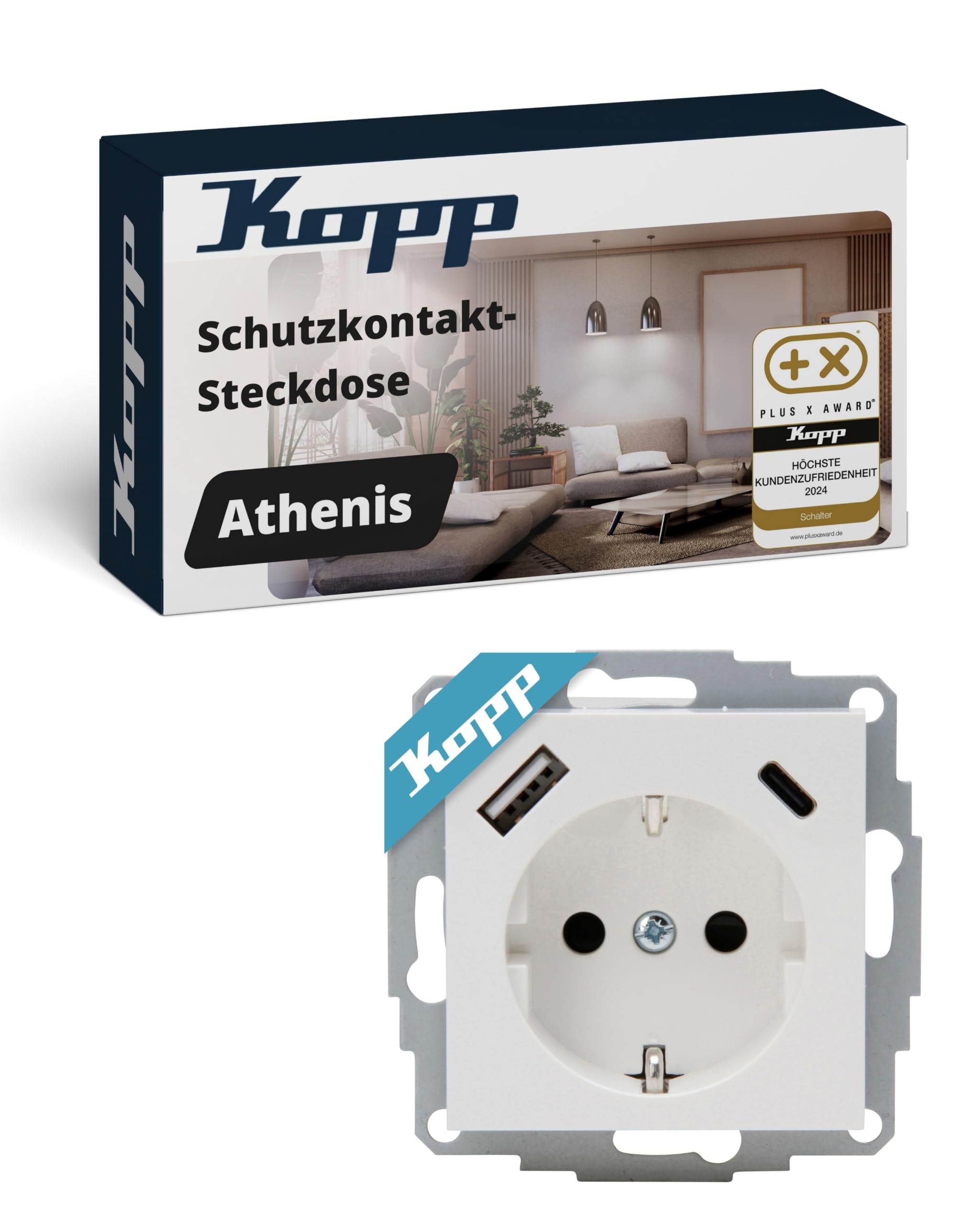 Kopp ATHENIS Unterputz-Steckdose mit USB A & USB C in Reinweiß – Schutzkontakt-Steckdose mit integrierten Ladebuchsen – 16 A / 250 V~ IP20 – Steckklemmen & erhöhter Berührungsschutz
