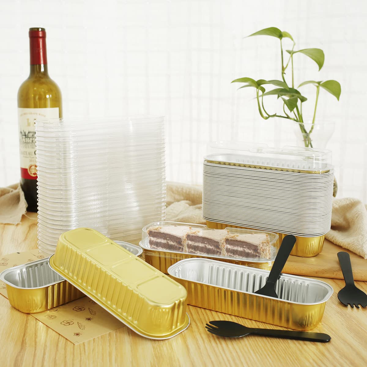 50Pcs Mini Cake Loaf Pans with Lids and Spoons 6.8oz Rectangle Aluminum Foil Baking Cups Mini Cake Pans Heat Resistant Cupcake Tin Container Narrow Foil Cake Pans for Brownie Party (Gold, 50)
