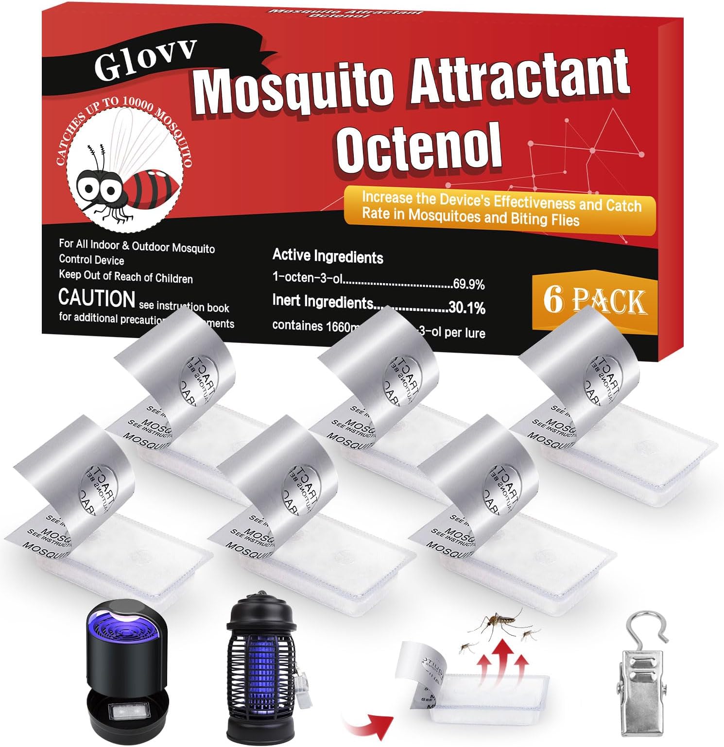 6 Lures Octenol Mosquito Cartridge, Mosquito Attractant Bait Refill, Mosquitoes Bait Octenol Lure for Bug Zapper & Fly Traps, Compatible with All Flying Mosquitoes Insect Trap