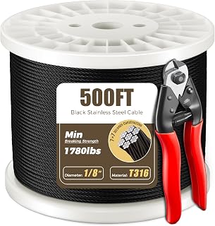 WAYSKA 500FT 1/8" Black Stainless Steel Cable for Railing, 7x7 Wire Rope
