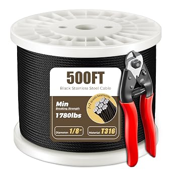 WAYSKA 500FT 1/8" T316 Black Stainless Steel Cable, Black Wire Rope Aircraft Cable for Indoor Outdoor Cable Railing Stair Deck Fencing, 7x7 Strands Construction, DIY Balustrades, with a Cutter