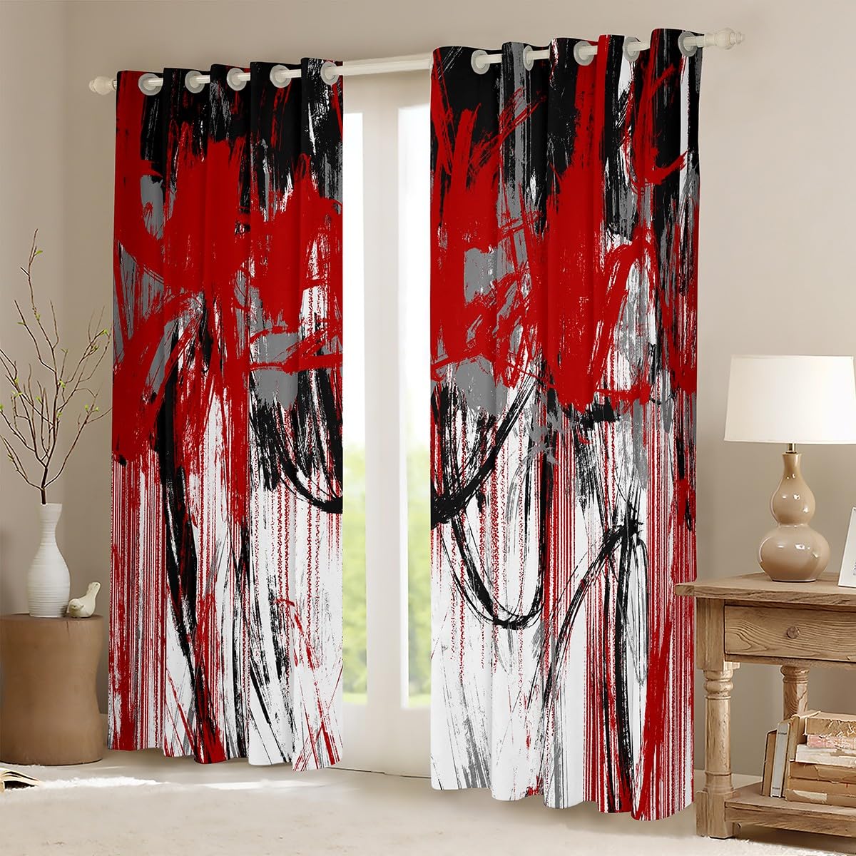 Homemissing Abstract Curtains for Bedroom Living Room Red Grey Black Geometric Blackout Curtains (2 Panels,W66*L90) Modern Art 30%-50% Darkening Blackout Curtain Stripes Window Treatments - Image 2