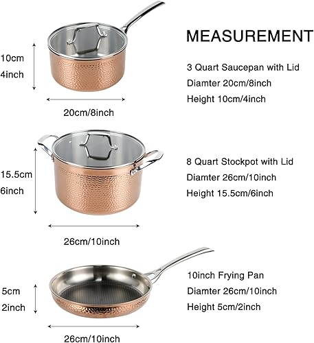 Miniatura 3 de Cyrder Juego de 5 ollas y sartenes de acero inoxidable martillado, juego de utensilios de cocina antiadherentes de acero inoxidable resistente 188,