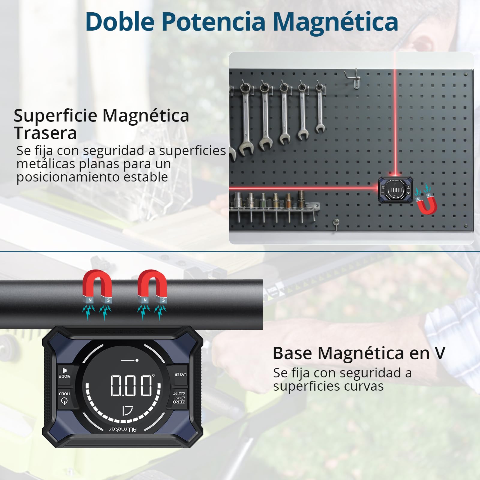 Inclinómetro Digital 3-en-1 con Doble Línea Láser Roja, Precisión ±0,1°/0,2° y Base Magnética, Medidor de Ángulos Recargable 4×90° y 2×180° Para Carpintería, Paredes y Bricolaje