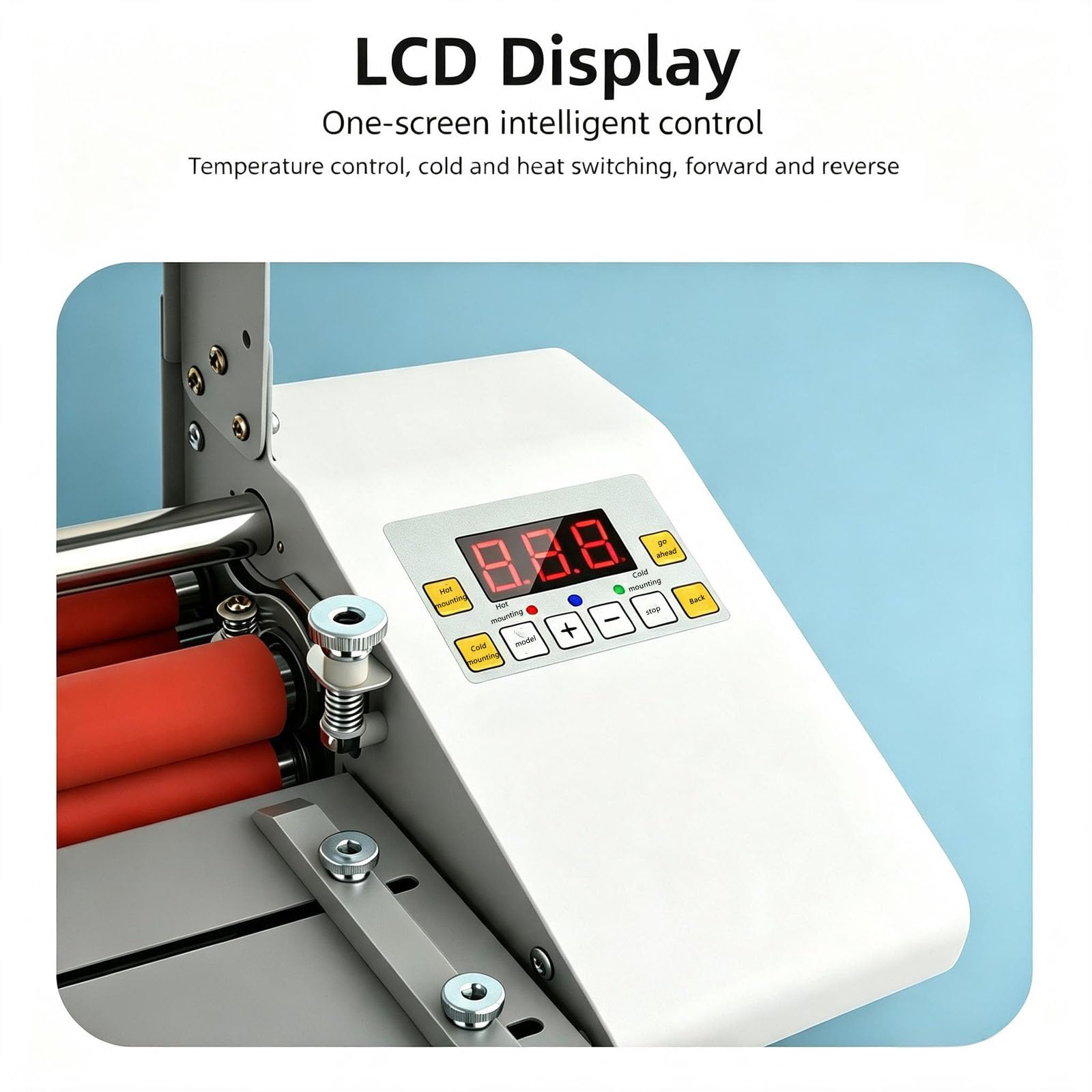 JOSBY Plastificatrice Fronte/Retro da Tavolo, Plastificatrice A Freddo E A Caldo, con velocità Regolabile, Display E 4 Rulli in Gomma, Preriscaldamento Rapido, Ideale per Scuole