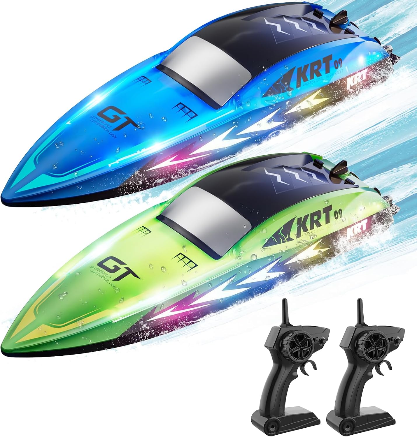 URNOONE RC Boat for Kids Remote Control Boats Pool Lakes Bathtub Toy with 8 LED Light Modes,Whole Body Waterproof,Low Battery/Out of Range Alarm,2.4Ghz,15Kmh,Rechargeable Battery,Auto Paring,2Pack