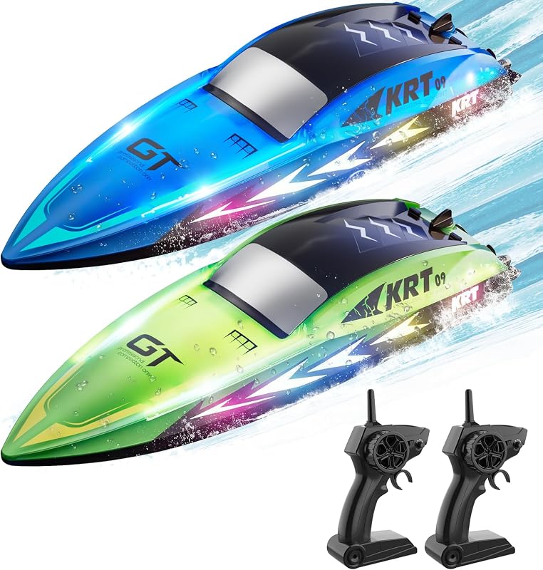 Barco RC para niños Barcos de Control Remoto pileta Lagos Bañera Juguete | 8 modos de luz LED, resistente al agua en todo el cuerpo, batería baja/alarma fuera de rango, 2,4 Ghz, 15 kmh, batería recargable, emparejamiento automático, paquete de 2