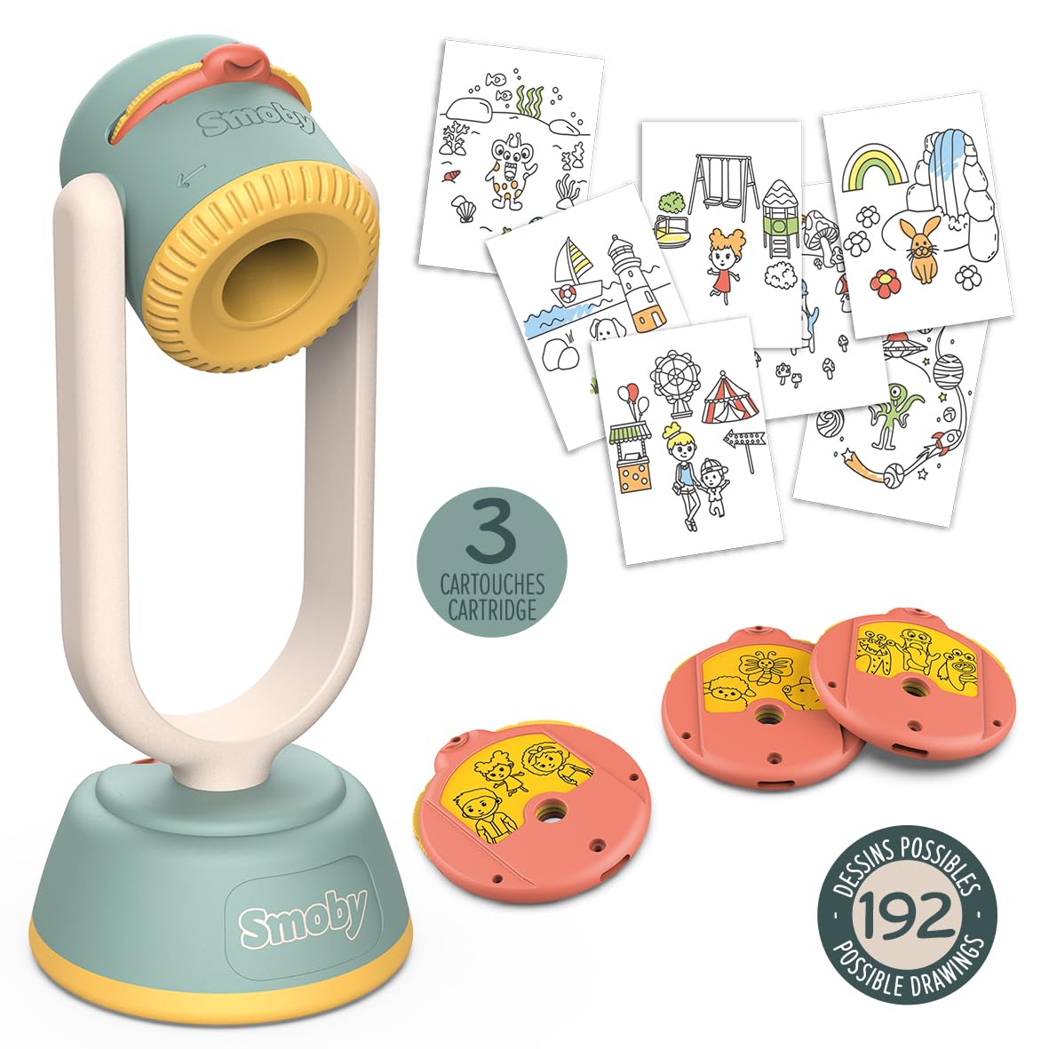 Smoby - Proiettore da disegno - Orientamento e nitidezza regolabili - 192 possibilità - Diversi temi - Animali, personaggi, ecc. - Dai 3 anni