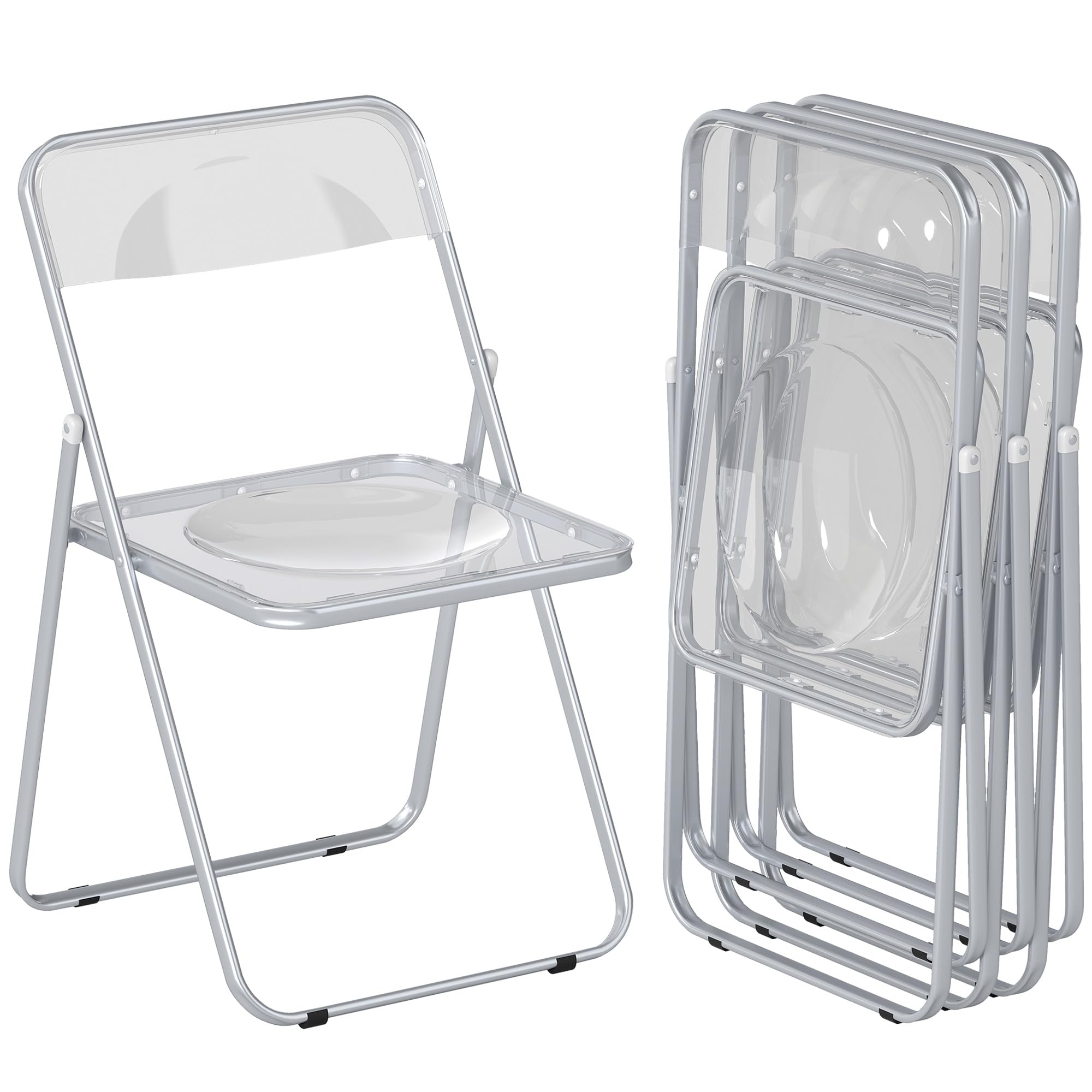 HOMCOM Lot de 4 chaises Pliantes en Acrylique et Acier, chaises Pliantes intérieures Portables pour Maison, Bureau, Salle à Manger, 47 x 48 x 75 cm, Transparentes