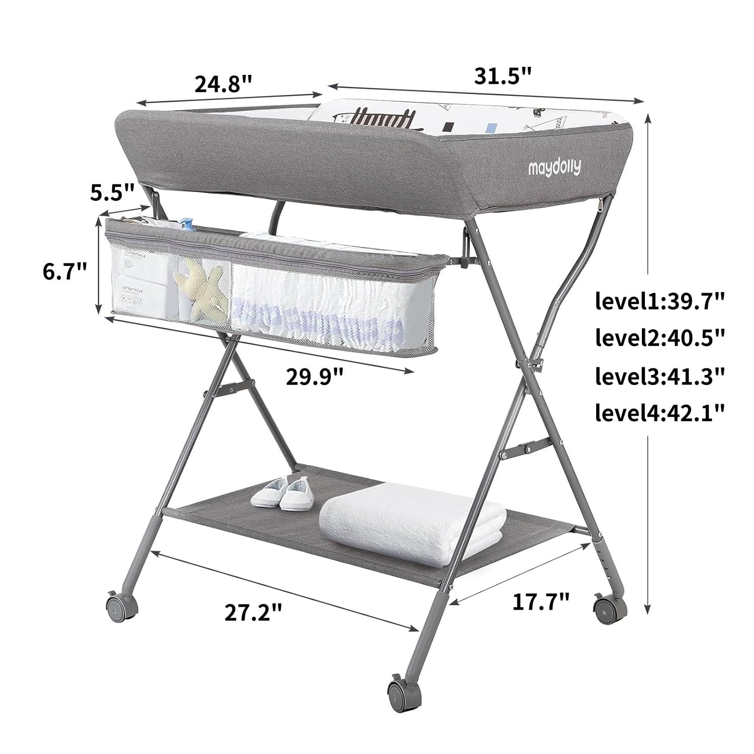 Maydolly Baby Klappbar Wickelkommode, Mobiler Wickeltisch mit Rollen und Wickelauflage, Wasserdicht, Höhenverstellbar, hellgrau
