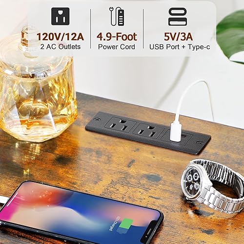 Miniatura 5 de LOAKEKEL Juego de 2 mesitas de noche LED, mesita de noche con estación de carga, cómoda alta con 4 cajones de almacenamiento, mesas auxiliares con