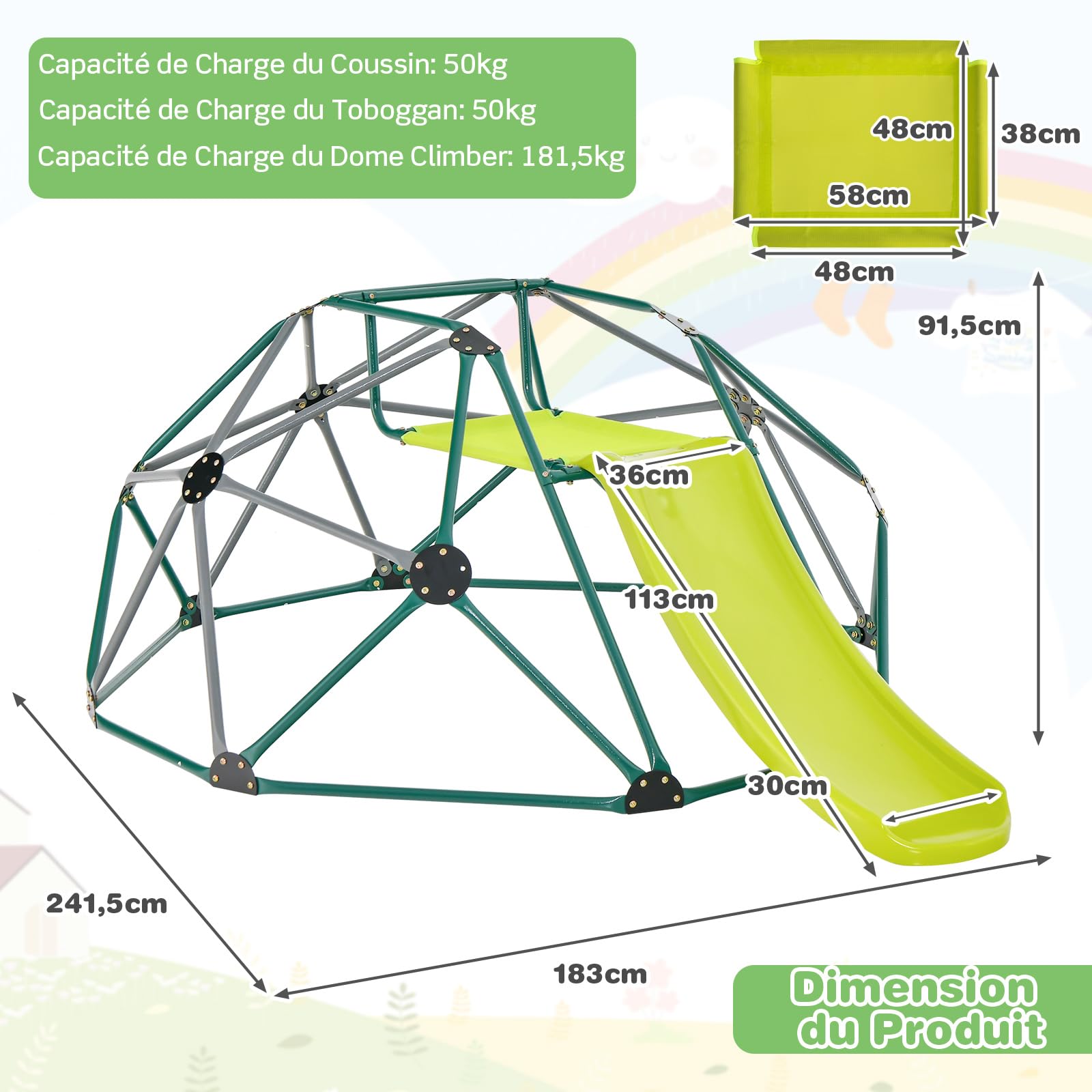 COSTWAY Dôme d'escalade de 241cm Enfant avec Toboggan, Cage d'escalade en Métal avec Coussin en Tissu, Charge Max 180kg, Aire de Jeux Extérieure Intérieure pour Garçons Filles de 3-10 Ans
