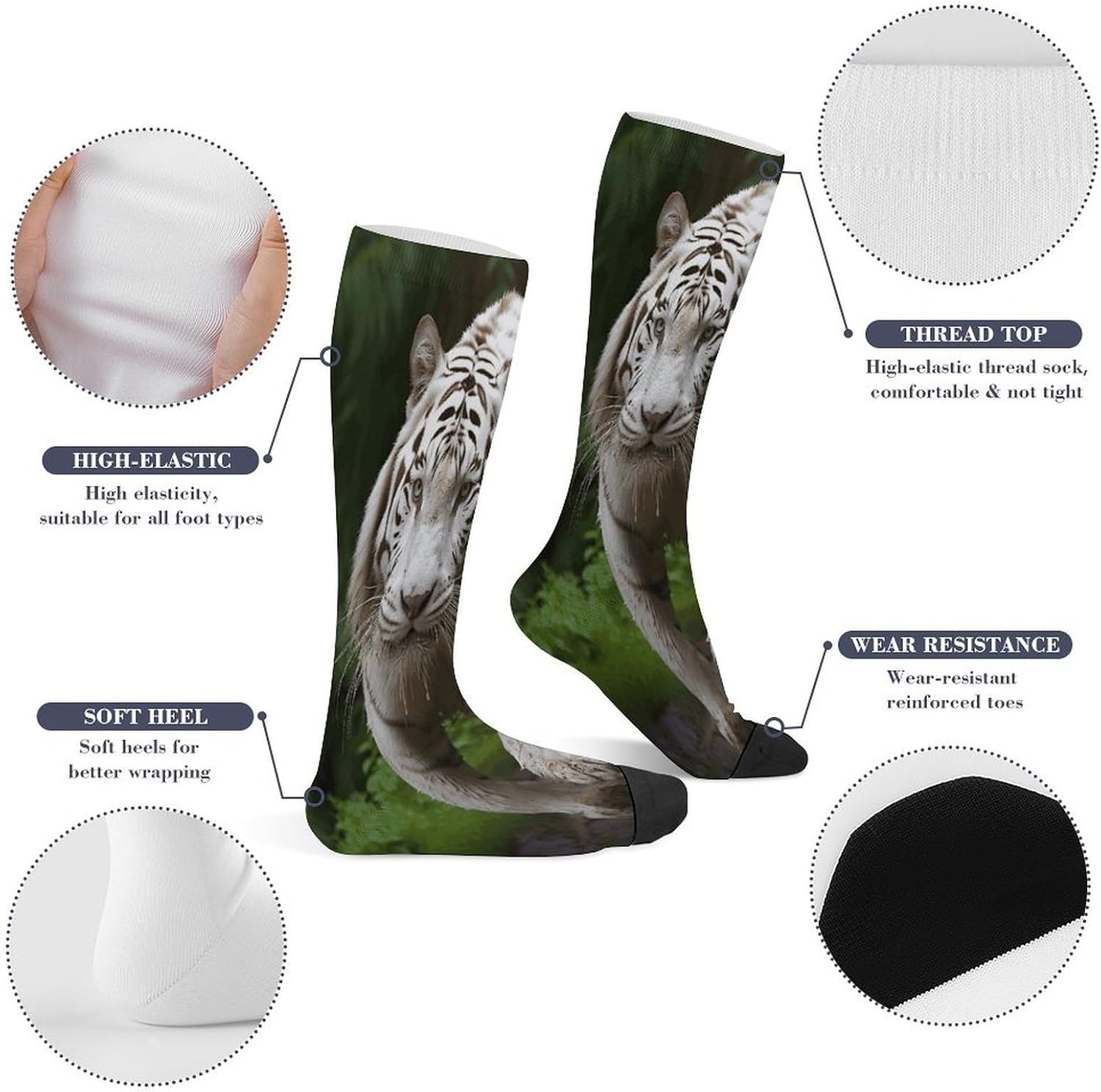 Majestic White Bengal Tiger Compression Sock Circulation Support Socks Lightweight Knee High Tube Sock Over-The-Calf Sock for Adult