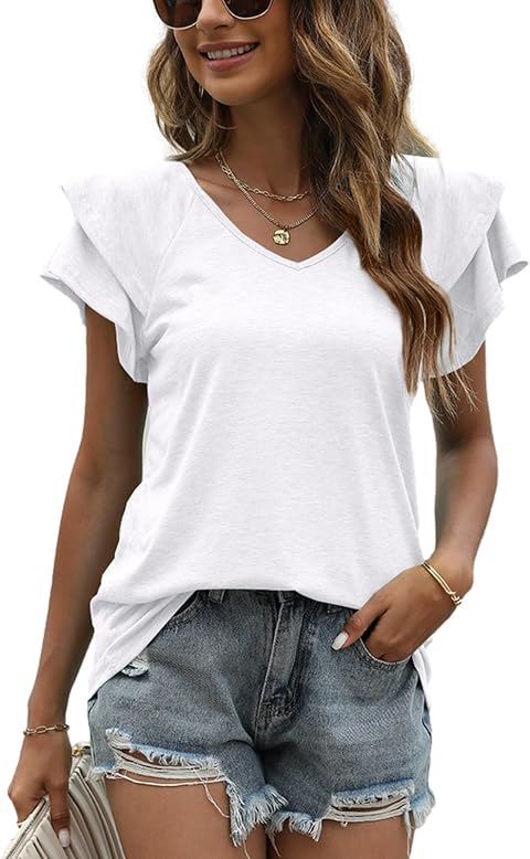 Camisetas Manga Corta Mujer con Volantes Blusas Mujer Verano Cuello en V Elegantes Mujer Tops