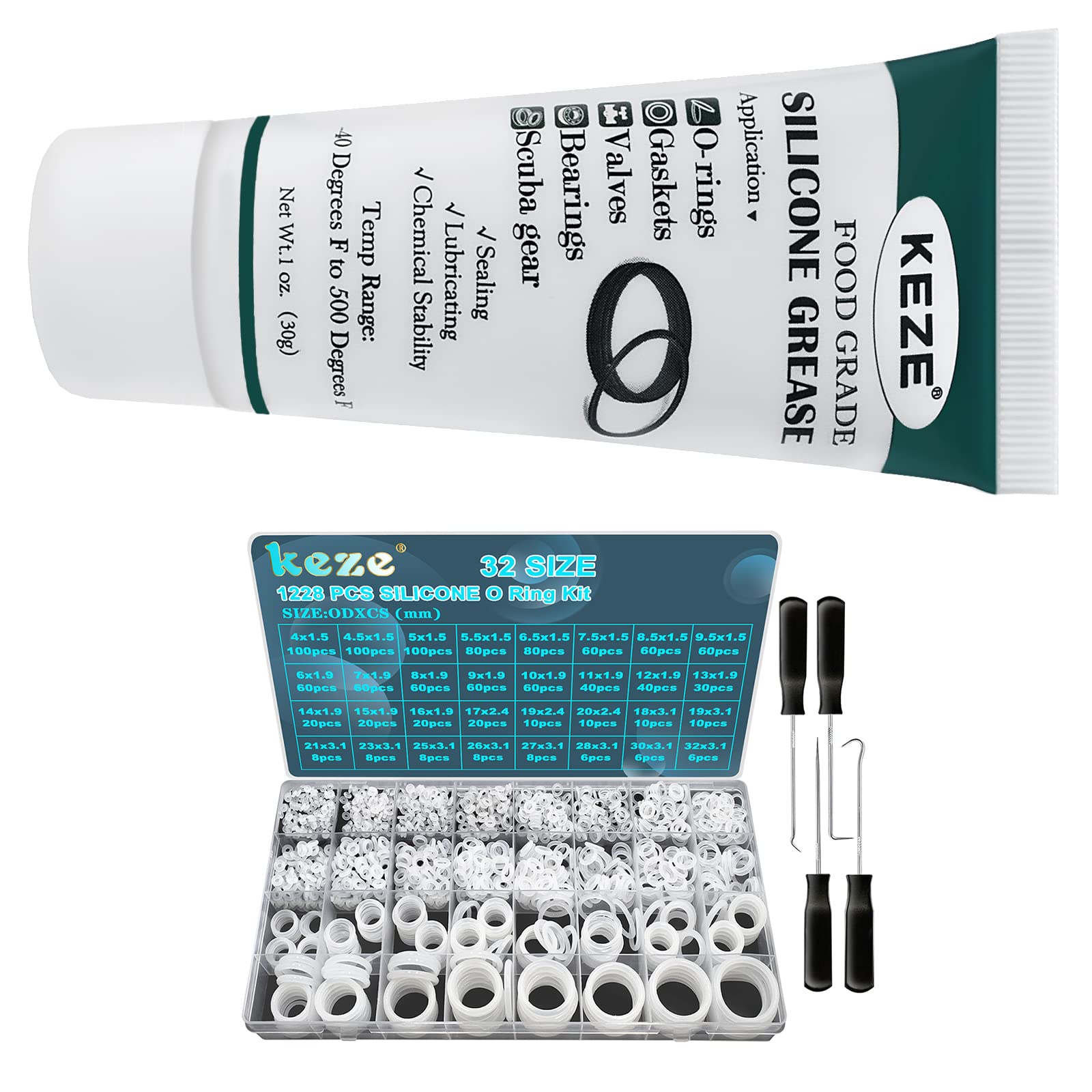 Keze 1228pcs 32 Size Silicone O Rings Kit + 1oz Grease for Valve Sealant Automotive Repair