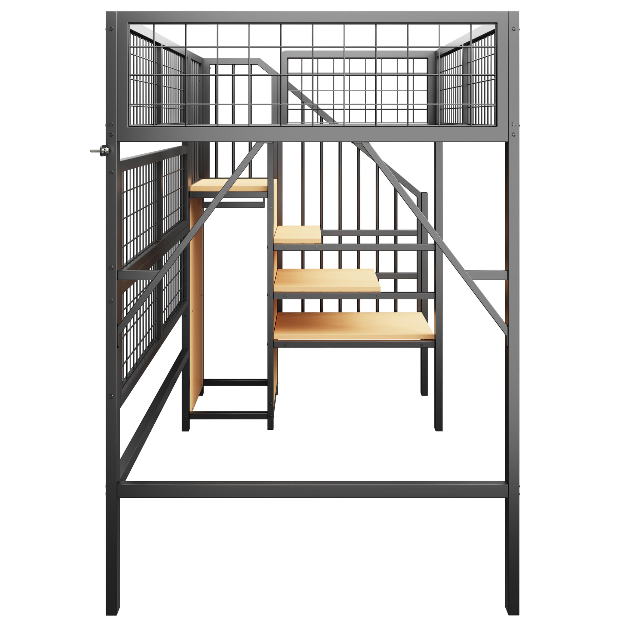Cama de hierro, litera, 90 x 200 cm, adecuada para niños y jóvenes, con tiras de luz LED controladas por la aplicación, escalera con espacio de almacenamiento, armario abierto, color negro