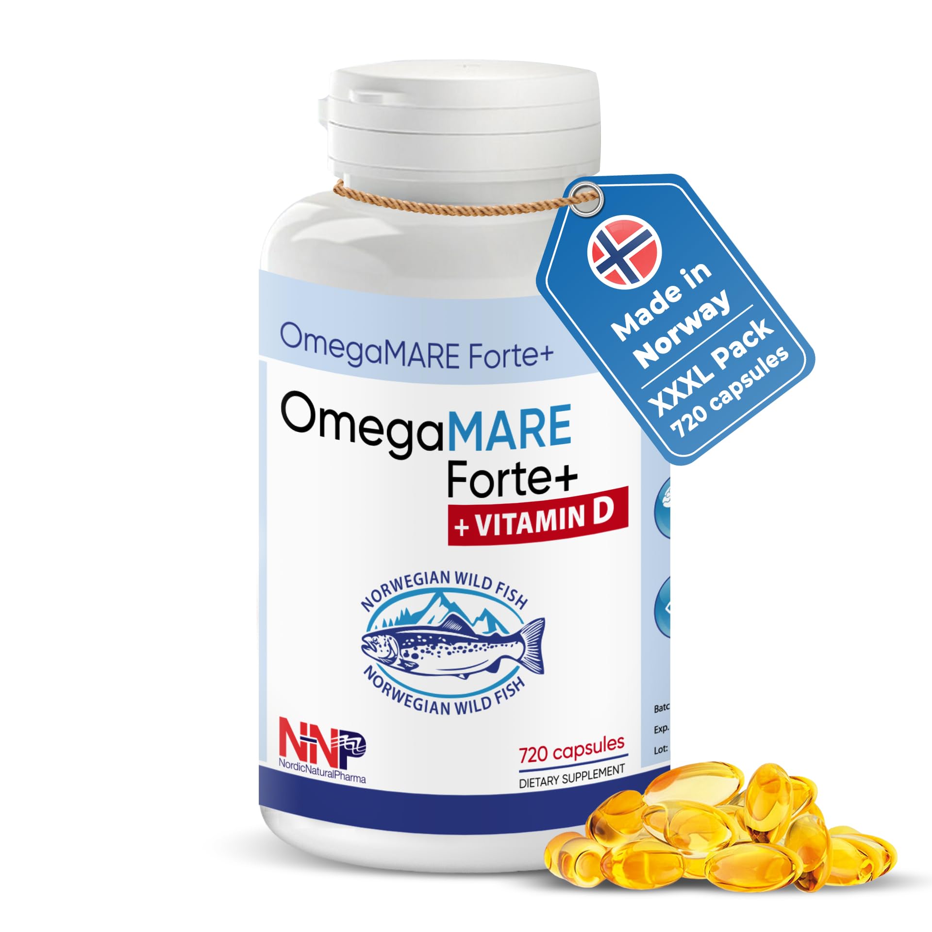 OmegaMARE Forte+ – Omega-3 Jahresvorrat (720 Kapseln) | XXXL Pack aus wildem norwegischem Fisch | mit EPA, DHA, DPA & Vitamin D3