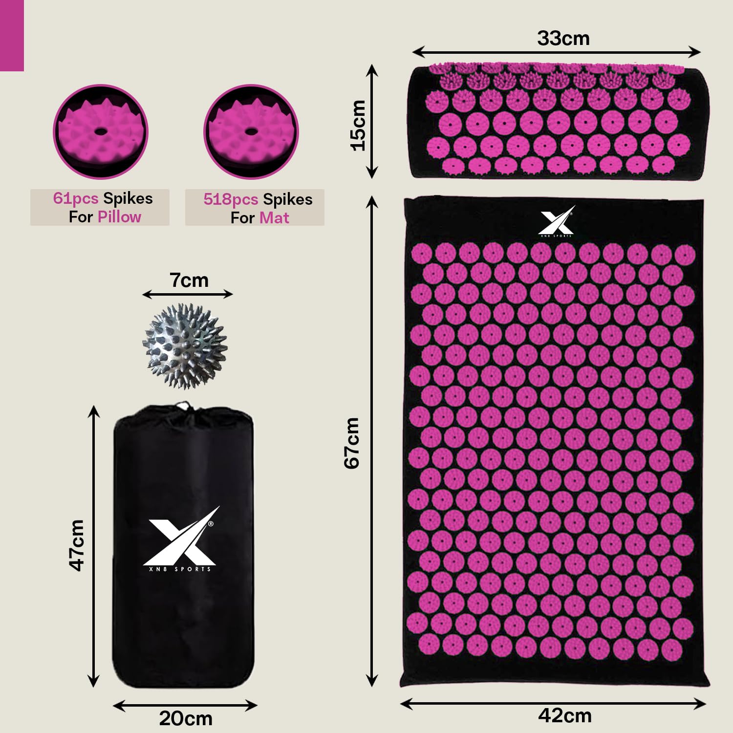 XN8 Ensemble de tapis d'acupression pour yoga, acupoint, acupuncture et réflexologie pour massage, soulagement de la douleur, réduction du stress, thérapie et relaxation avec sac de transport et sangle