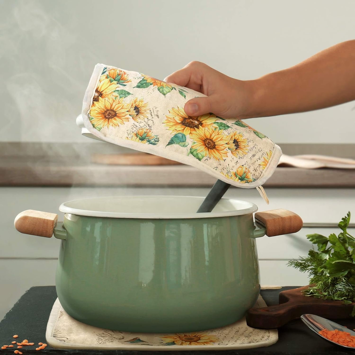 Bencailor 12 Pcs Pot Holders with Pocket Kitchen Hot Potholders Hot Pad Oven Mitts Cookie Bag Oven Gloves for Kitchen Gift Baking Cooking(Yellow,Sunflower) - Image 2