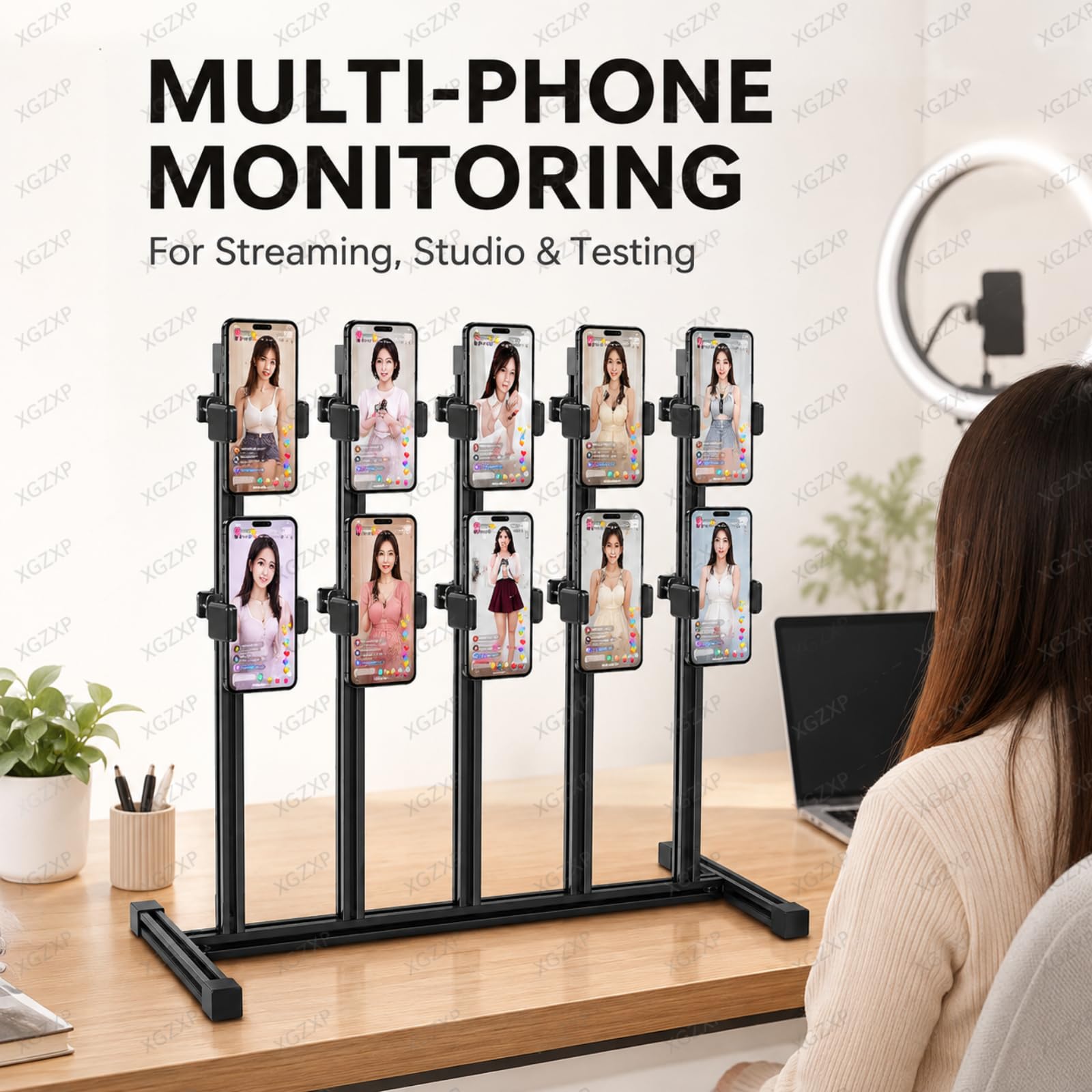 Supporto per Cellulari con Base Pesante, Espositore per Cellulari con Morsetti Regolabili A 360°, Altezza del Supporto Regolabile per Streaming Live, Studio E Test di Gioco. 15