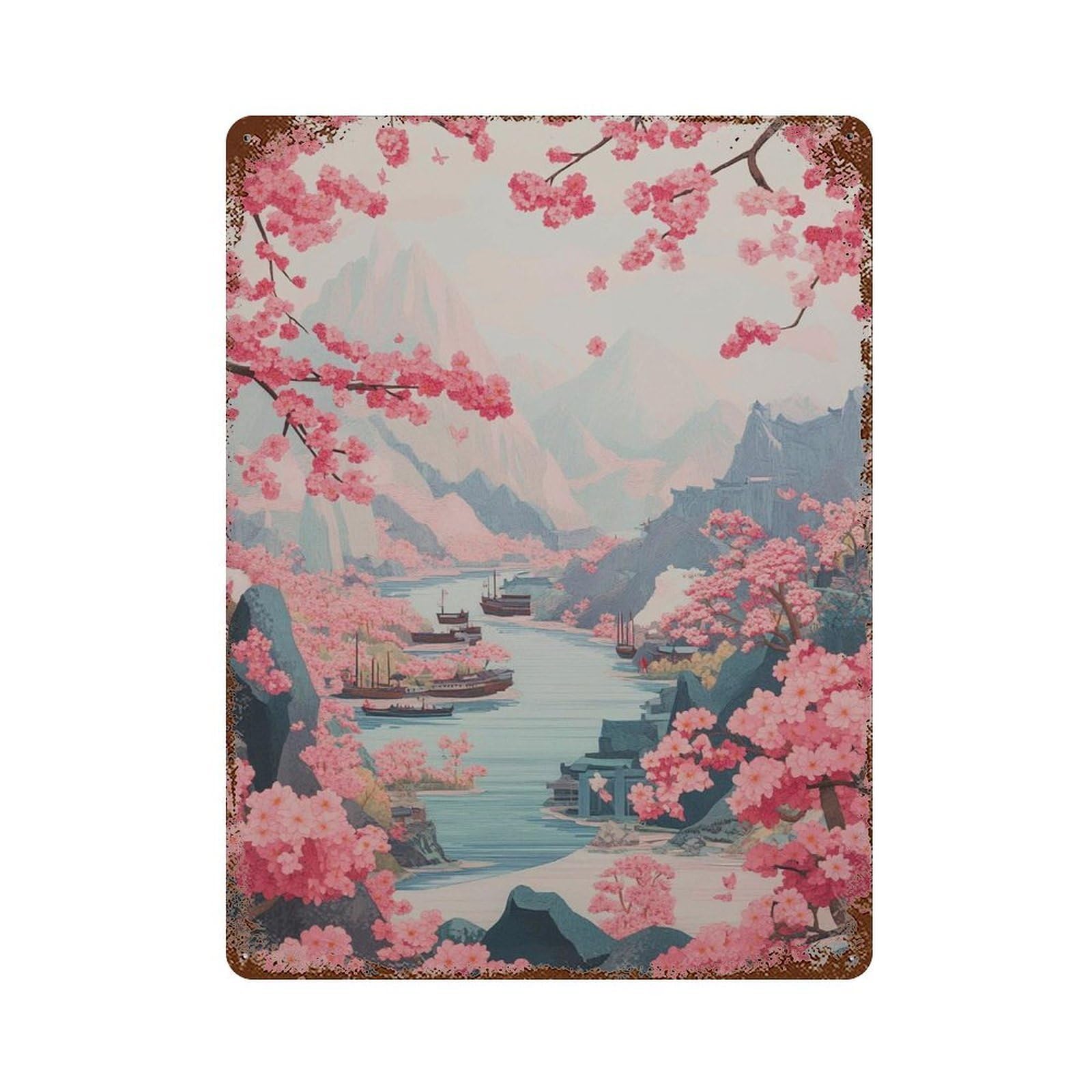 xiaoxiaoshen Cherry Blossom River Japanese Landscape Tranquil Sakura Valley Wall Decor Art Metal Tin Poster Modern Home Decor Art Home Bar Shop Decorations Vintage Sign 40x30cm