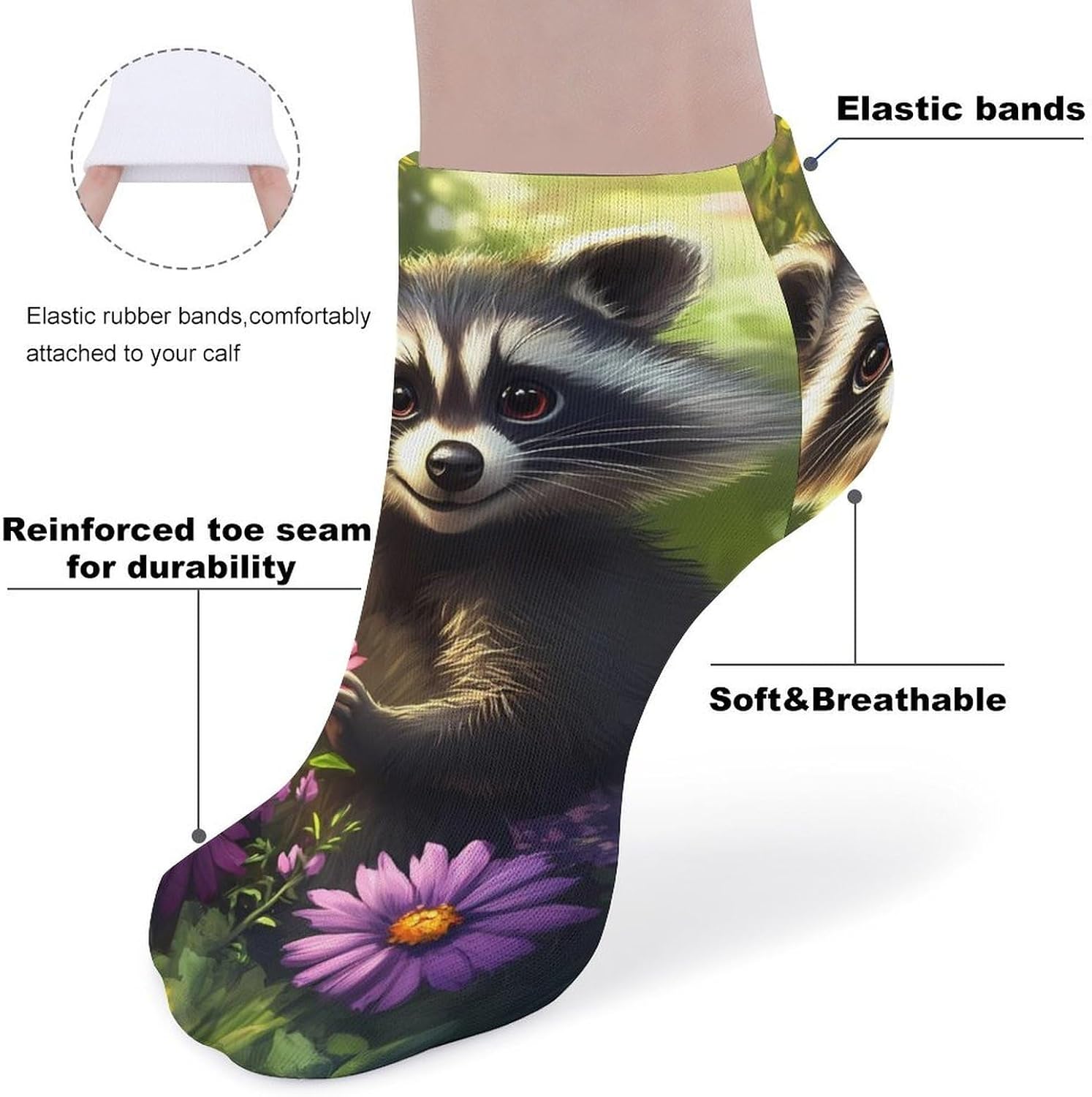 Raccoon Floral Trash Panda 5 Pairs Ankle Socks for Men Women No Show Low Cut Athletic Short Socks
