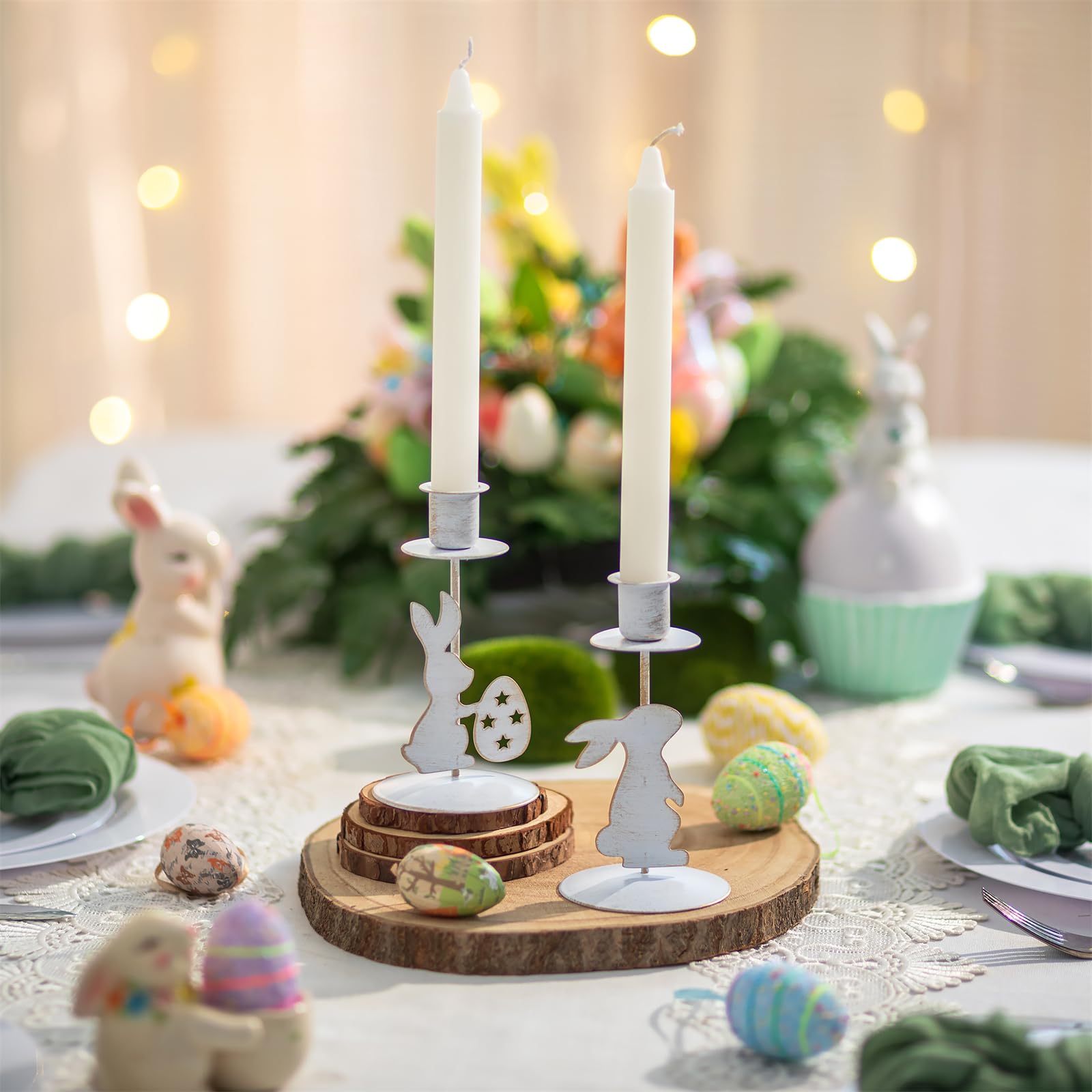 Sziqiqi Bunny Candlestick Holders for Easter: Rabbit Candle Holder Table Centerpiece for Taper Candles - Rustic White Easter Candle Holders Set of 2 for Easter Party Spring Home Decor