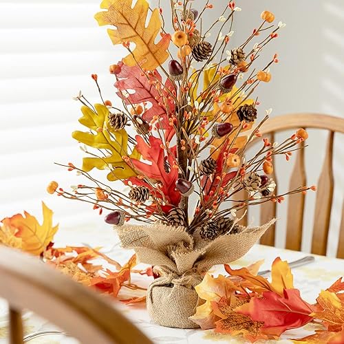 Miniatura 6 de Glitzhome Árbol de mesa de calabazas de cosecha de otoño de 20 pulgadas de alto con base de arpillera, bayas decorativas, hojas, centro de mesa para