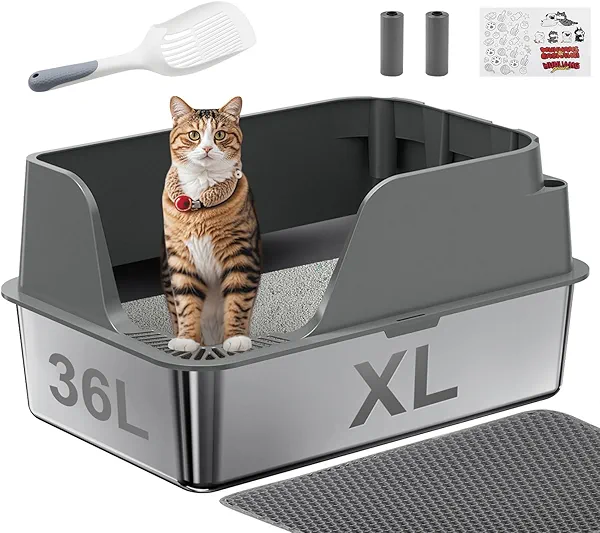 Non-stick Stainless Steel Litter Box, XL Side Opening Splash-Proof & Leak-Proof Seamless Seal, Ellenpent Large Capacity, Cat Litter Box with Lid for Multi-Cats, Large Cats, Easy-Clean & Durable (Gray)