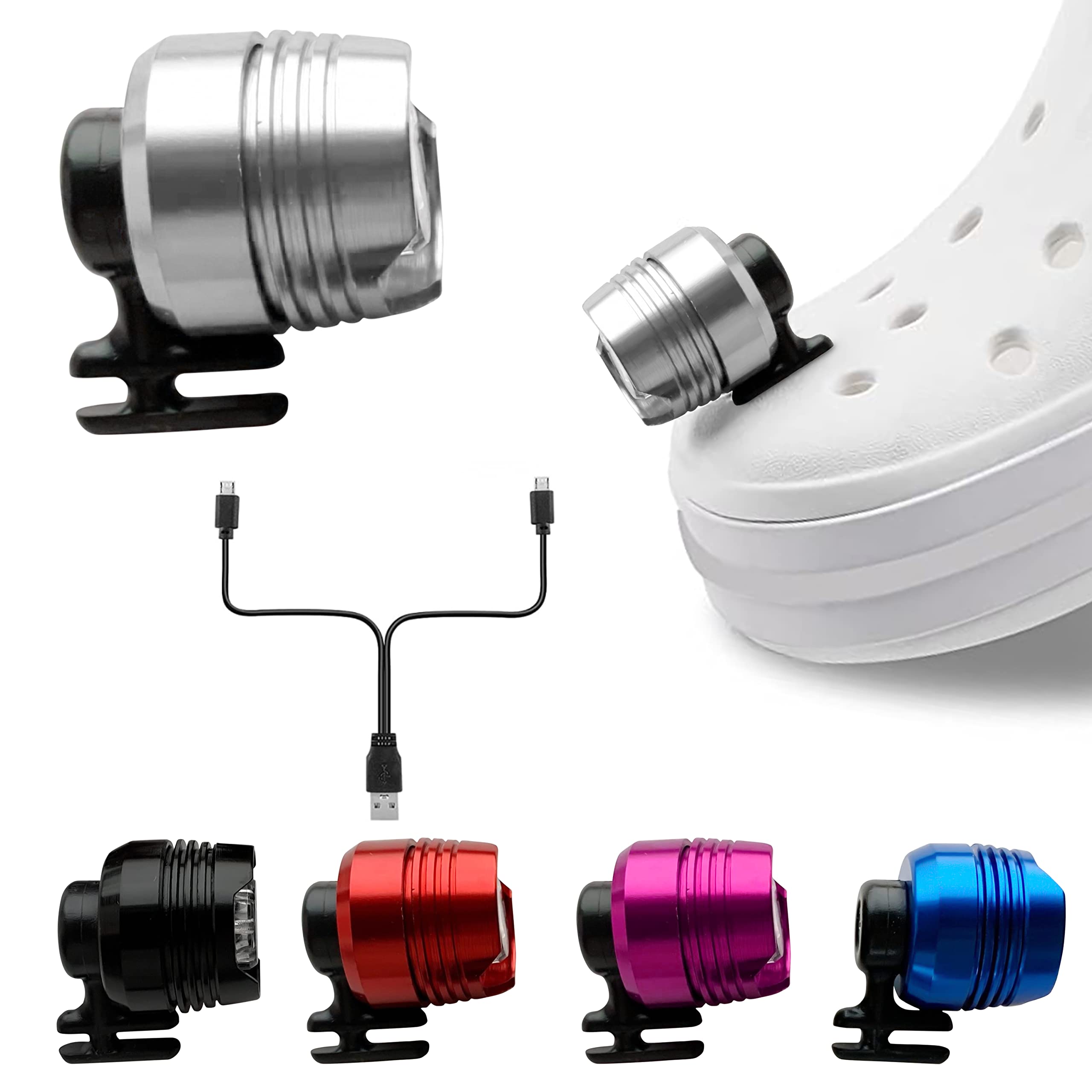 A AKEME Rechargeable Lights for Crocs, 2 Pack LED Lights for Croc, Waterproof Aluminum Alloy Accessories for Crocs, Headlights for Crocs for Boys,