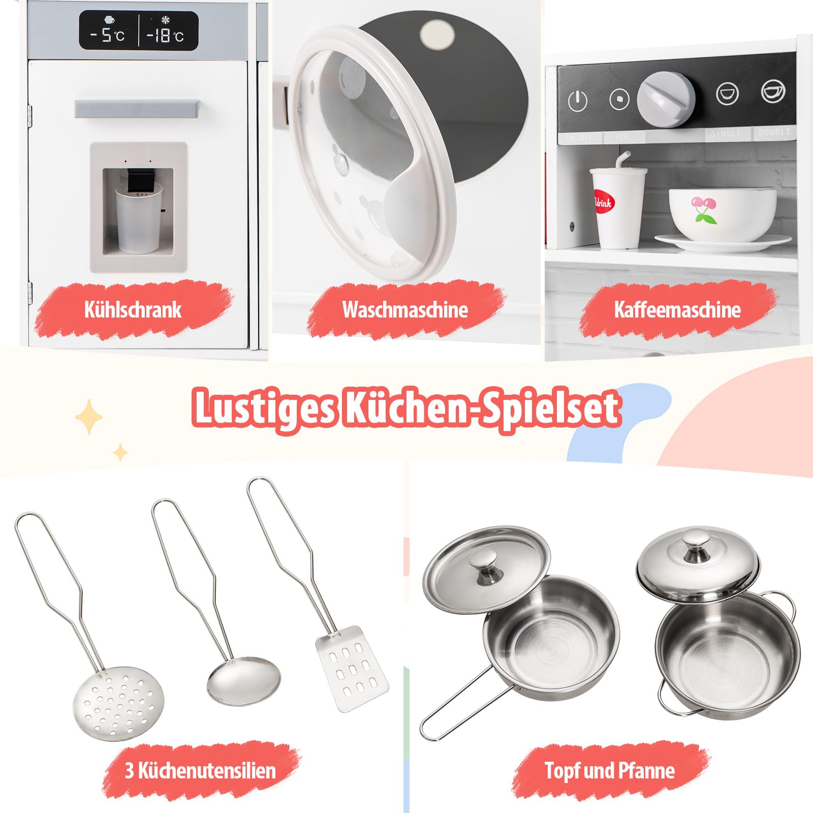 DREAMADE Kinderküche Holz mit Zubehör, Kinder Küche mit Herd Spüle Backofen Waschmaschine, Kinderspielküche Holzküche mit Licht & Sound, Spielküche für Kinder ab 3 Jahren