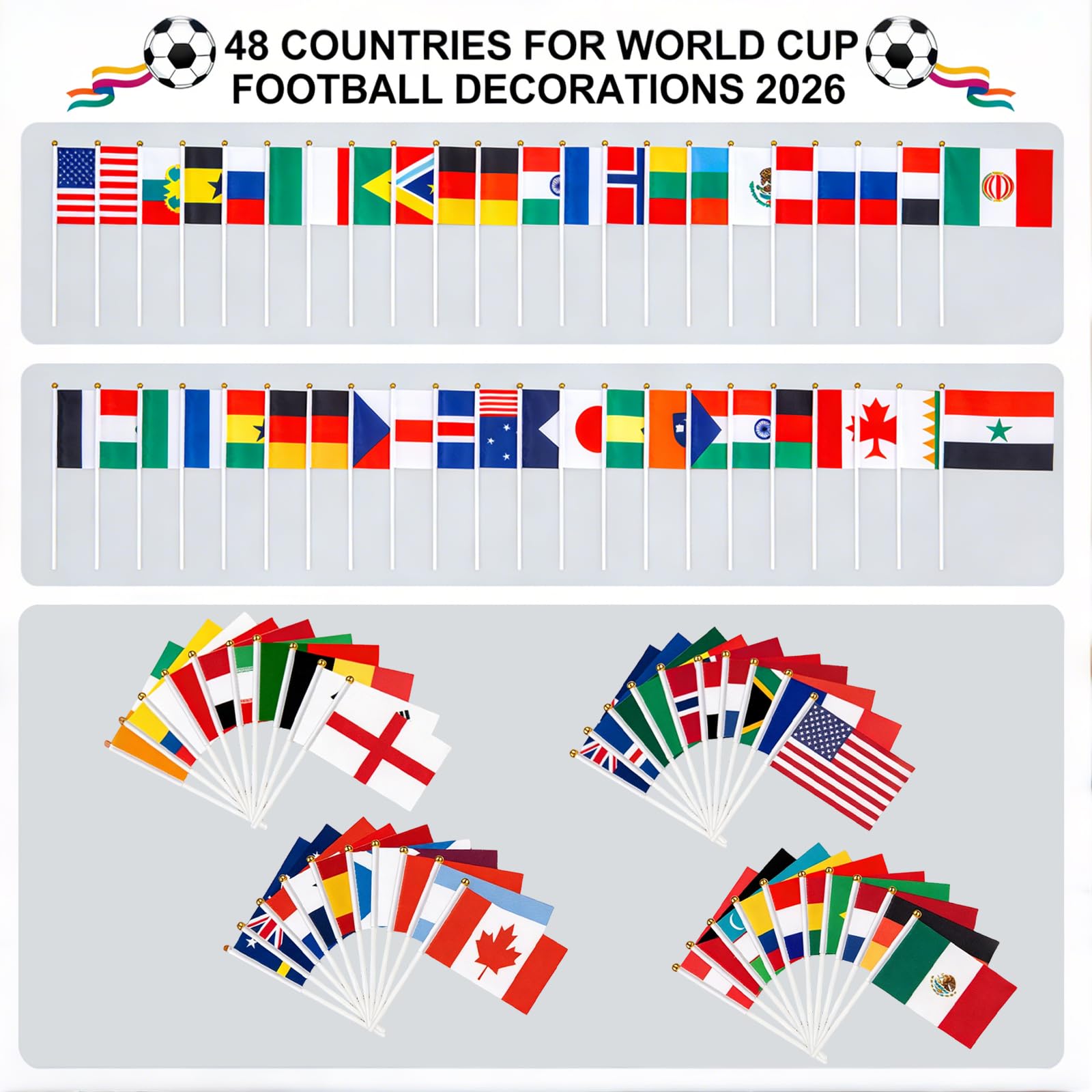 48 Drapeaux WM de football 2026 avec bâtons 14x21 cm Set supporters Coupe du monde 2026