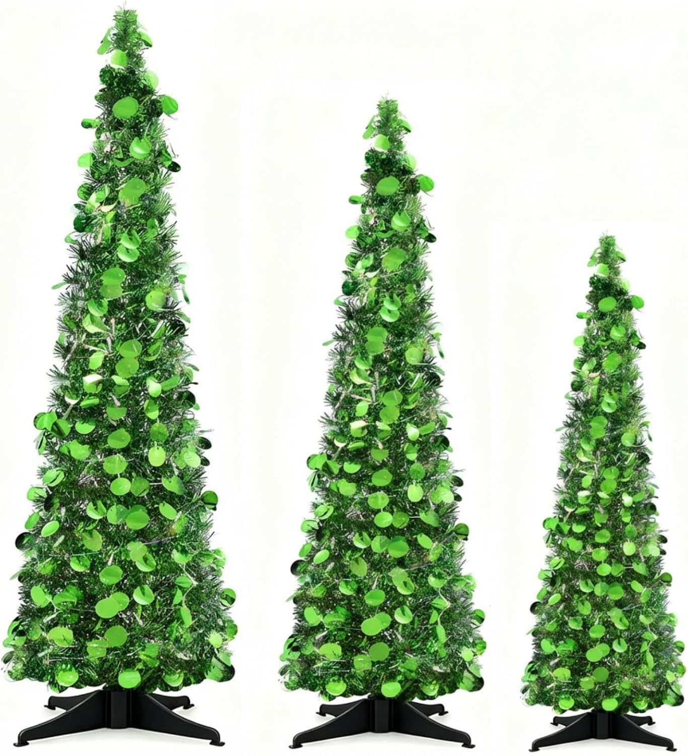 leyndo 3 pcs 3 4 5 ft collapsible artificial christmas tree with led light pre lit green sequined pop up tinsel pencil skinny xmas tree for indoor home fireplace decoration 3 ft, 4 ft, 5 ft green 3