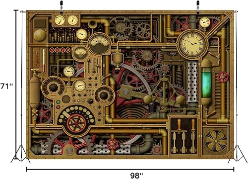 Miniatura 7 de BELECO Telón de fondo antiguo steampunk de tela de 8 x 6 pies, relojes retro de metal antiguo, diales, engranajes, engranajes, tuberías,