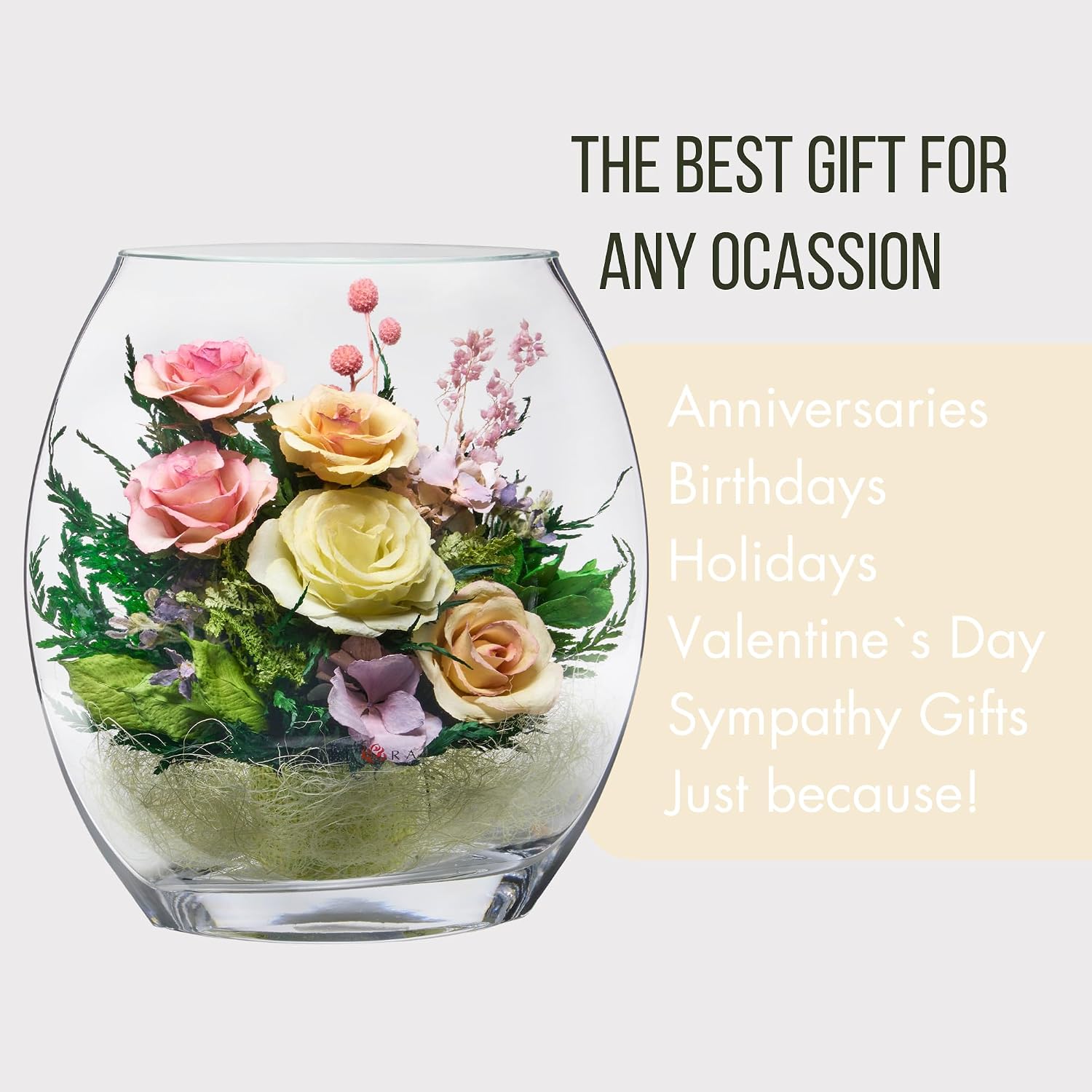 Fiora Flower | Real Preserved Rose & Flower Arrangement in Clear Glass Vase | Long-Lasting Floral Décor | No Watering Needed | Gift for Anniversary, Birthday, Valentine’s Day (Citrus Bloom)