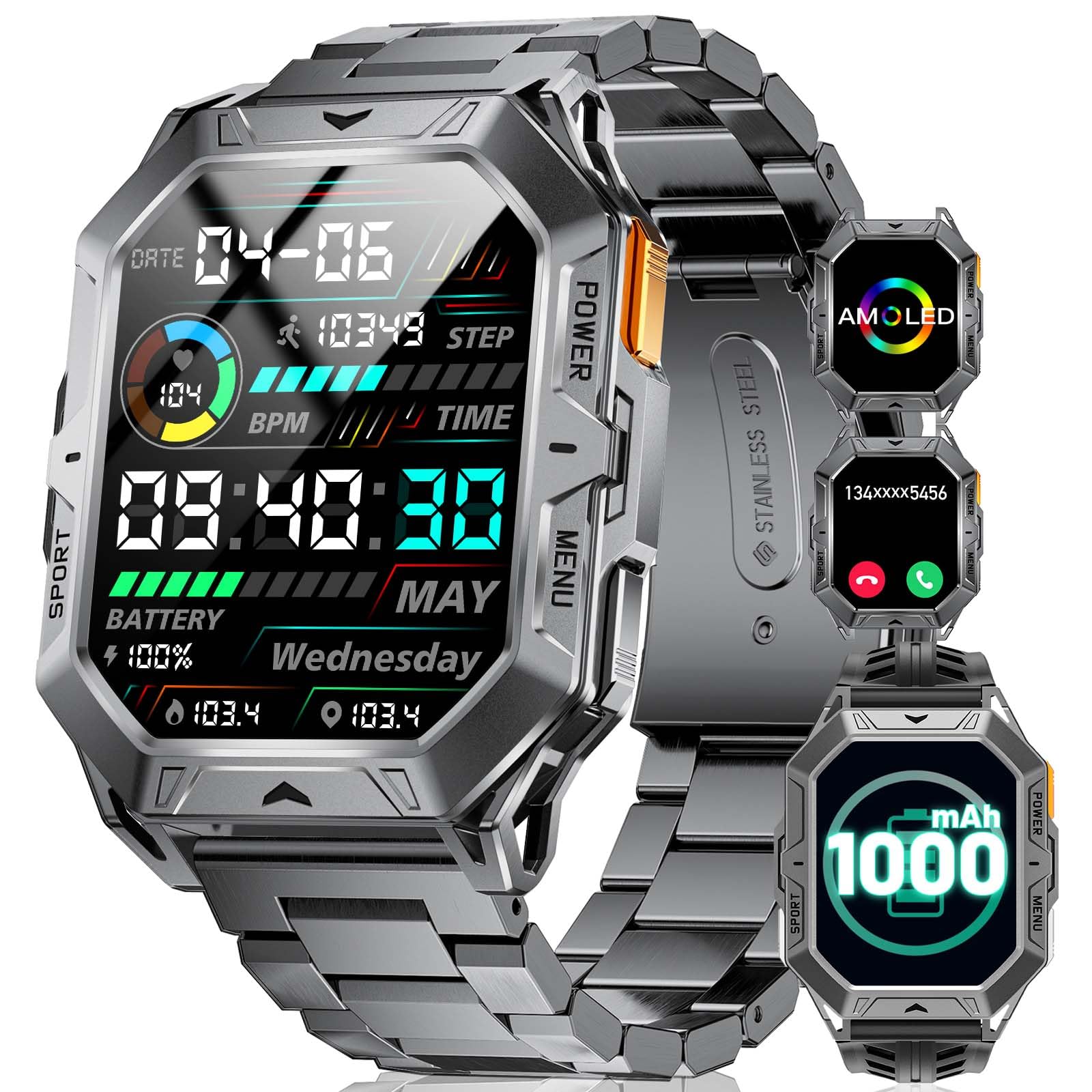 TX1 Military Smart Watch for Men 1000mAh 80 Days Long Battery 2 13 AMOLED Smartwatch 100 Sport Mode