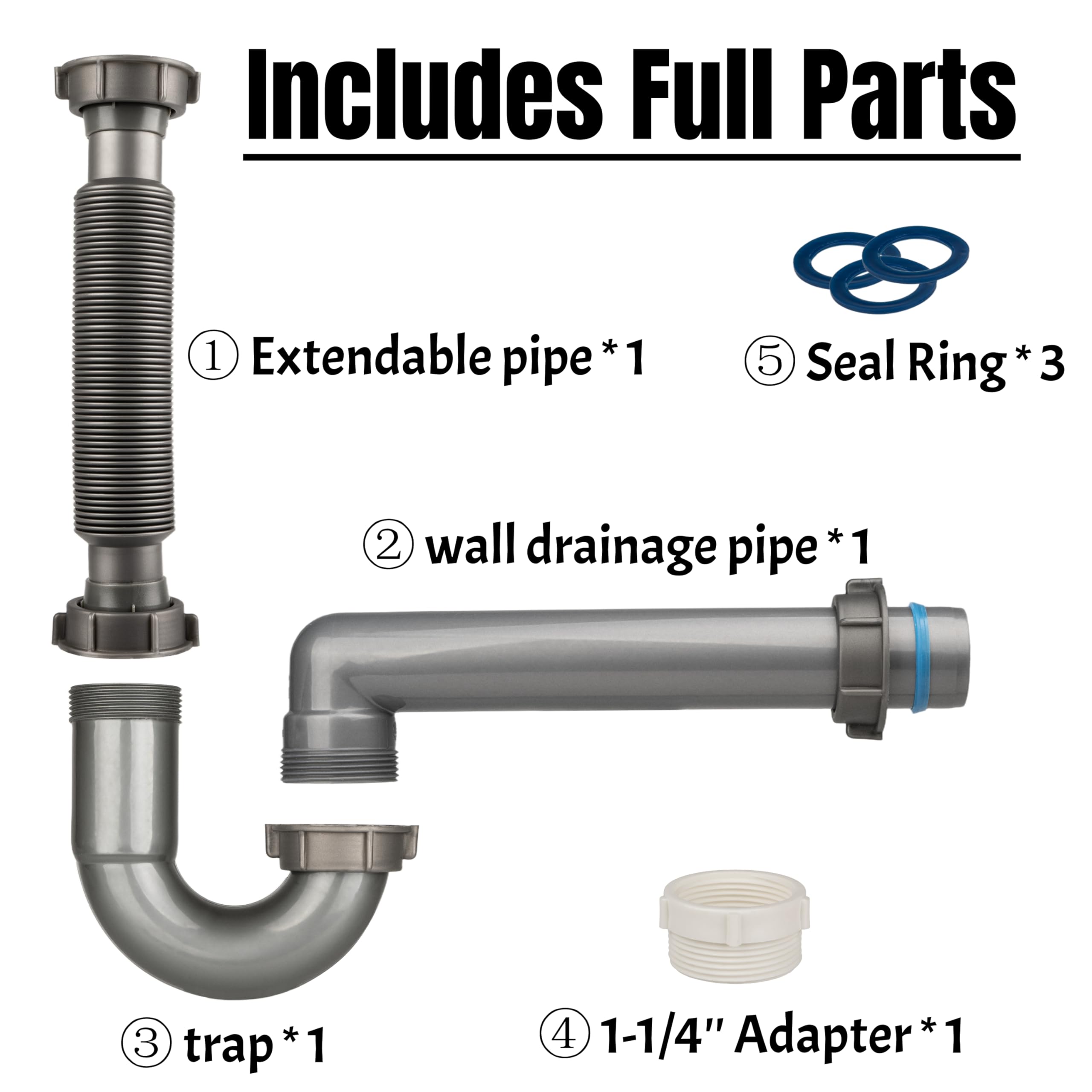 Trampa P expandible y flexible, kit de tubo de drenaje de fregadero de 1-1/2 pulgadas, con adaptador de 1-1/4 pulgadas, drenaje de pared, para fregadero de cocina