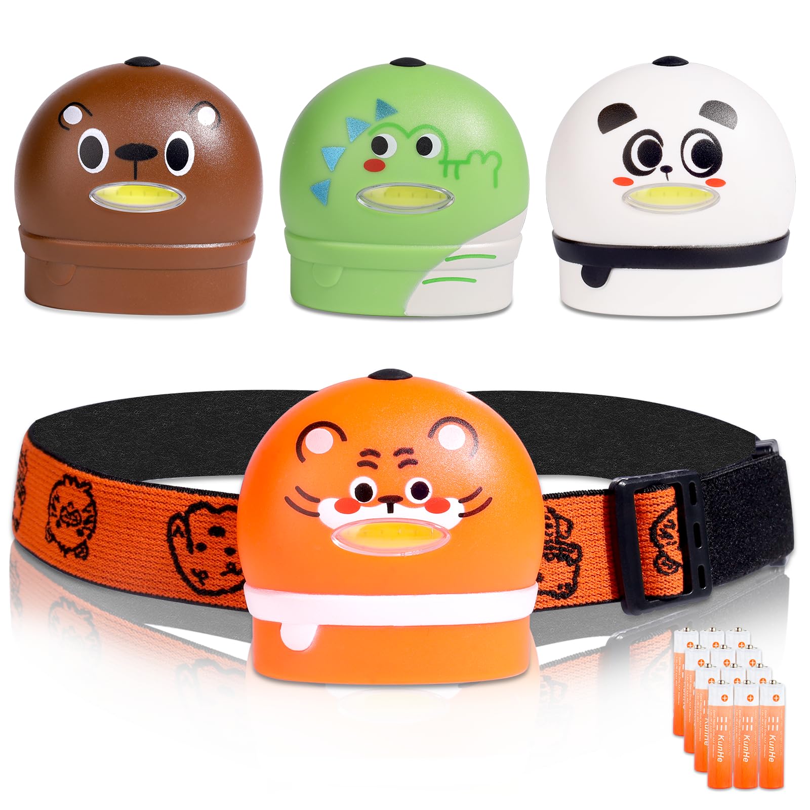KunHe H4 Toddlers COB Headlamp for Kids Pack of 4 Camping Headlamp 50 Lumen Cute Animal Headlamp for Girls Boys Gift for Kids