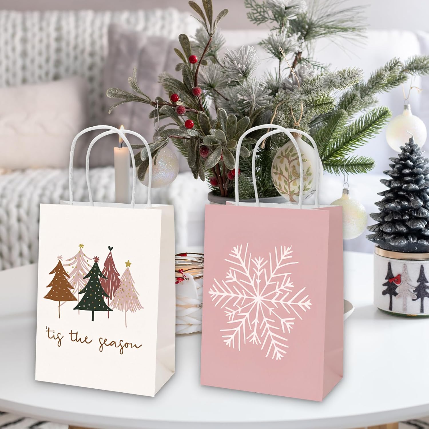 JarThenaAMCS 16Pcs Christmas Paper Gift Bags 4 Styles Xmas Tree Winter Snowflake Candy Goodie Treat Bags with Handles Dusty Pink Gold Boho Grocery Bag for Party Favor Supplies - Image 7