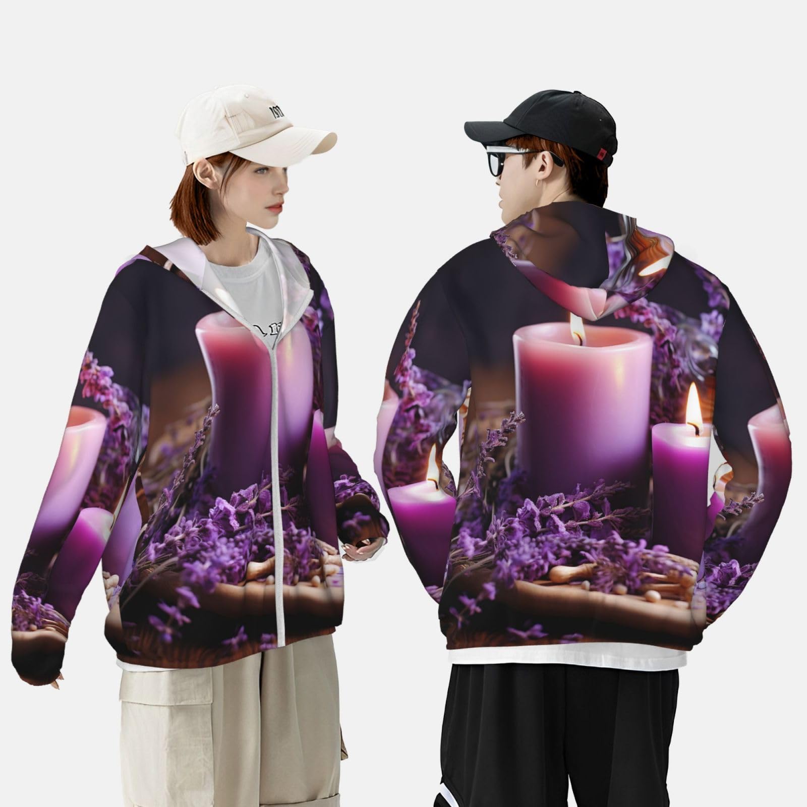 Men's Sun Protection Jacket UPF 50+ Full Zipper Long Sleeve UV Hoodie Shirt Purple Lavender with Candles Women's Outdoor Jacket