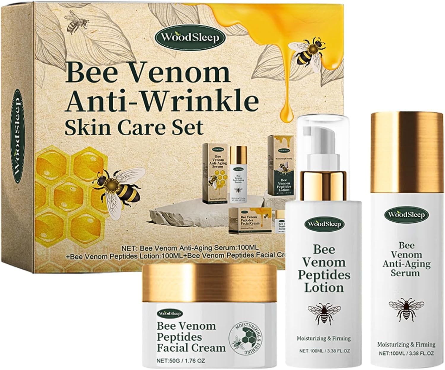 AzoneeBee Repair Cream, Women's Skin Care Gift Set, Anti-Wrinkle Skin Care Set, Bee Cream to Remove Spots, Facial Essence, Lotion, Cream, Moisturizing and Firming (3-Piece Set)