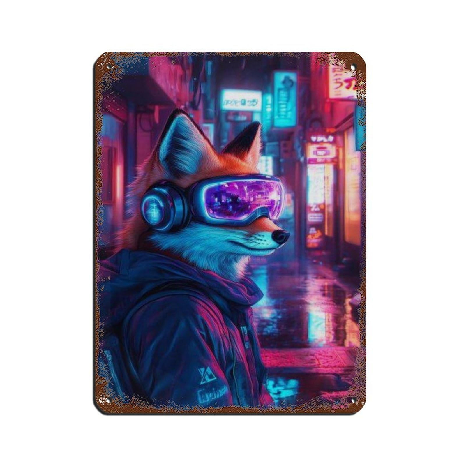 Futuristic Cyberpunk Fox, Neon Cityscape Decor Tin Sign Vintage Metal Pub Club Cafe Bar Home Wall Art Decoration Poster Retro 12x16inch(30x40cm)