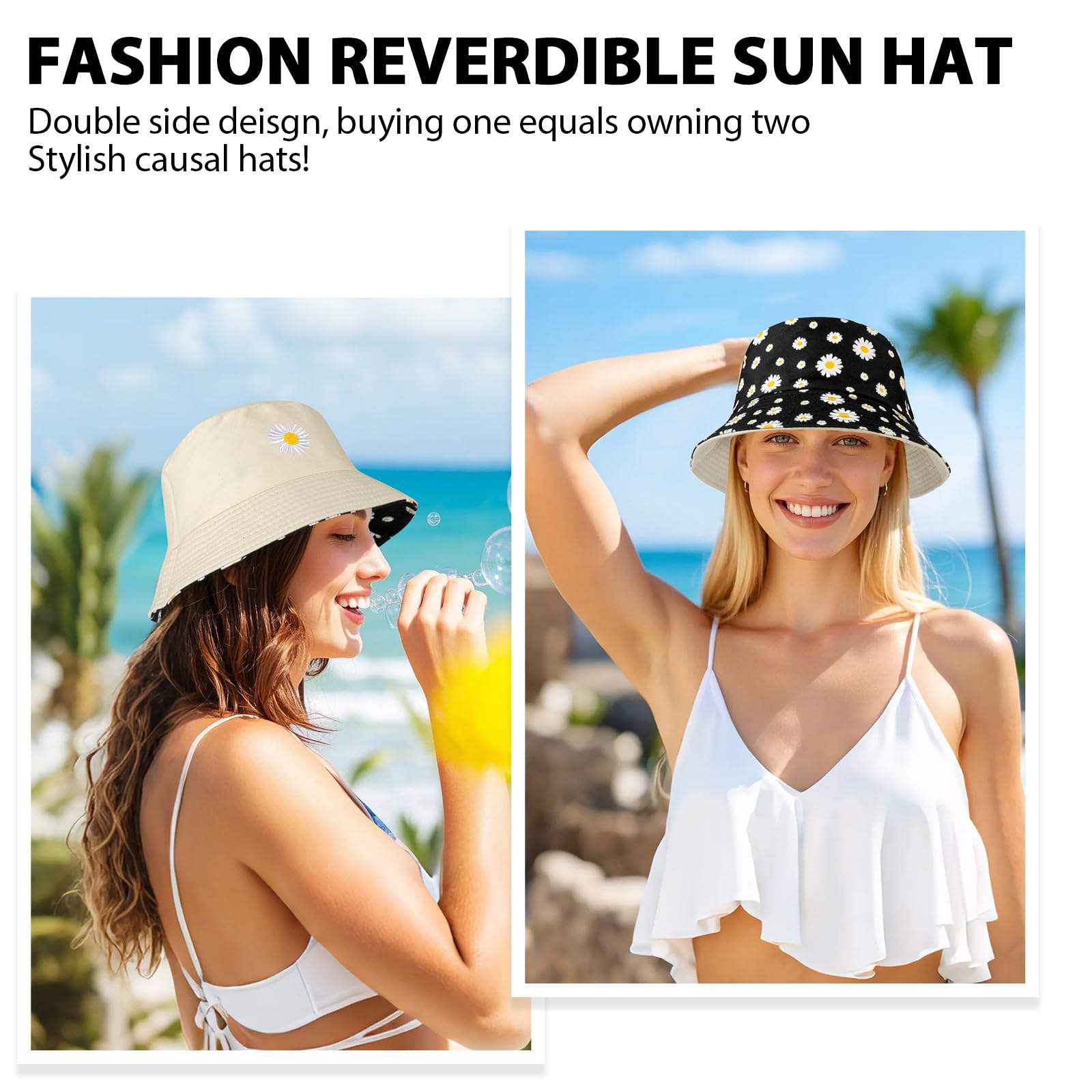 Mujer Algodón Sombrero de Pescador Reversible Bucket Hat, Protección UV Sombrero de Sol Ligera al Aire Libre Gorra de Pesca, Plegable Gorros de Verano de Playa para Excursionismo Cámping Viaje
