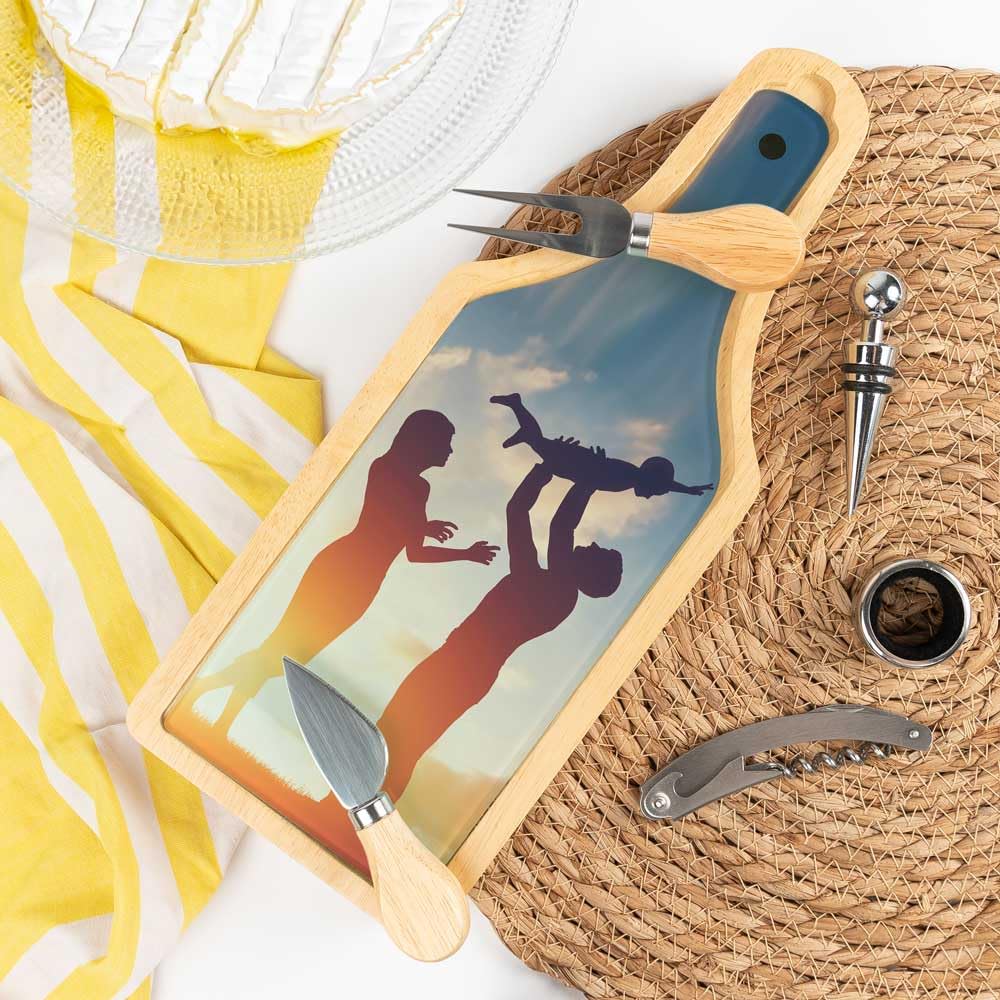 Coffret en bois et verre pour le vin et le fromage à personnaliser – Coffret personnalisable vin & fromage – Accessoire vin et plateau fromage imprimé photo