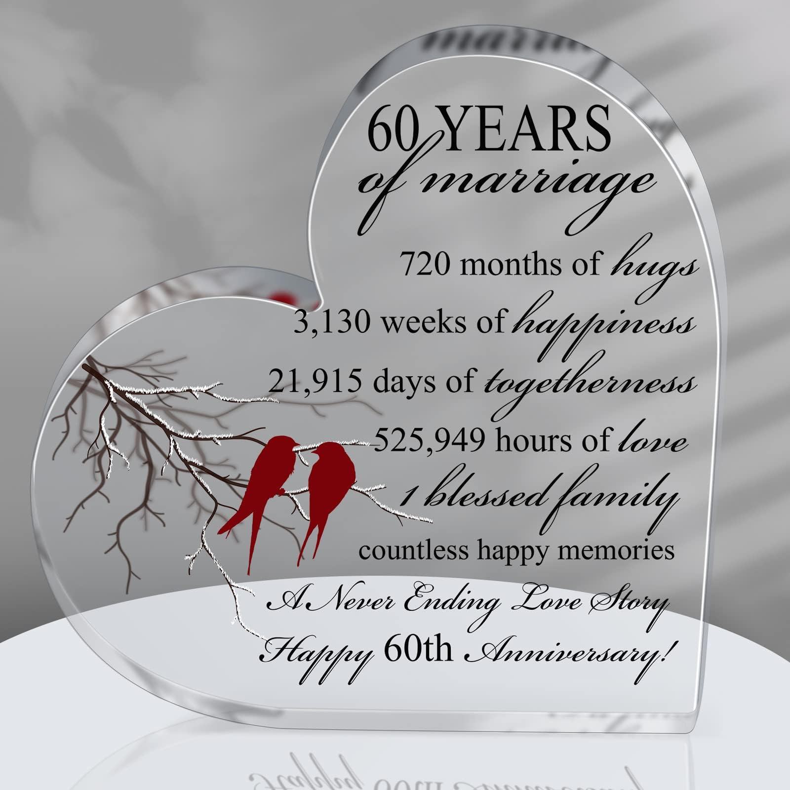 Qunclay 60th Years of Marriage Gift Wedding Anniversary Souvenir Heart Marriage Keepsake Decoration Present for Couple Parent Women Mom Husband Wife He She Friend Grandparents