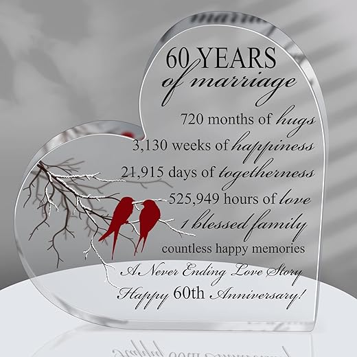 Years of Marriage Gift Wedding Anniversary Heart Marriage Keepsake Decoration Gift for Couple Parent Women Mom Husband Wife (60th)