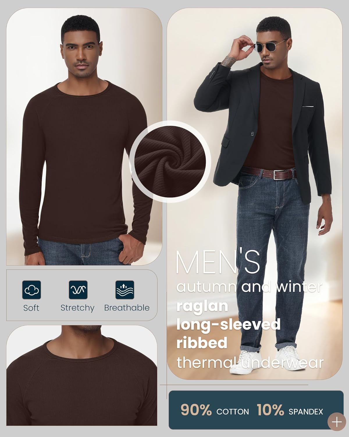 4 Pack Men's Thermal Shirts, Cotton Raglan Sweater Crew Neck Long Sleeve Ribbed Knit Pullover Slim Base Undershirt - Image 5